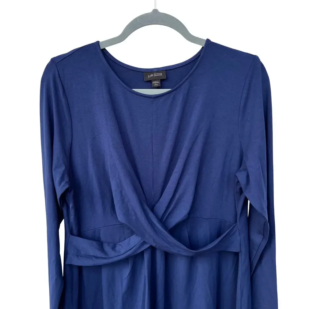 J Jill Wearever Blue Draped Midi Dress Long Sleeve Travel LP Large Petite - Picture 3 of 6